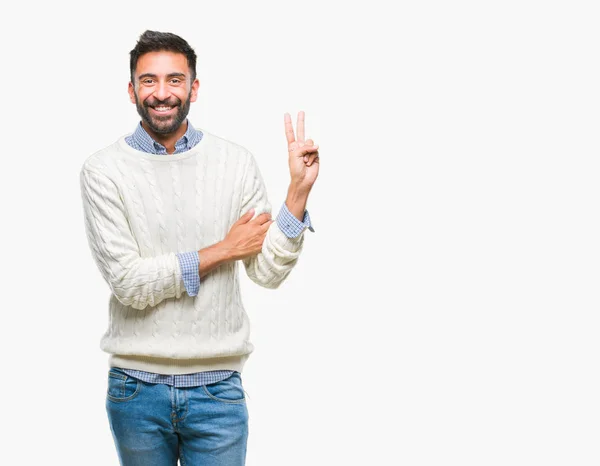 Homem Hispânico Adulto Vestindo Camisola Inverno Sobre Fundo Isolado Sorrindo — Fotografia de Stock