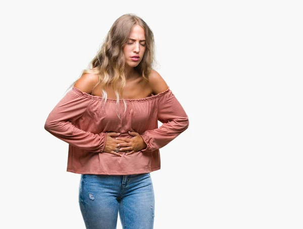 Linda Jovem Loira Sobre Fundo Isolado Com Mão Estômago Porque — Fotografia de Stock