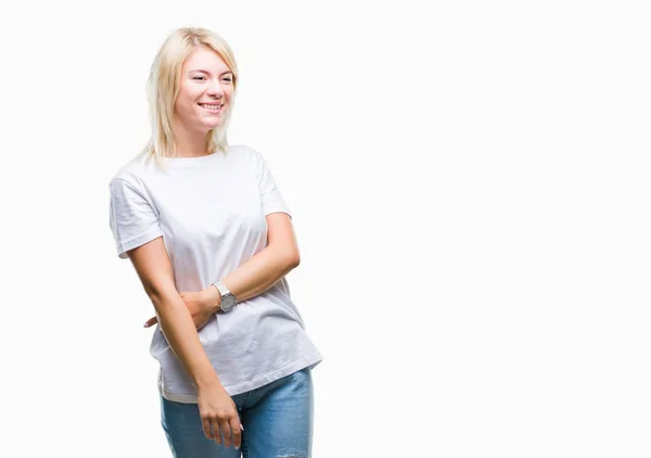 Jonge Mooie Blonde Vrouw Met Witte Shirt Geïsoleerde Achtergrond Zoek — Stockfoto
