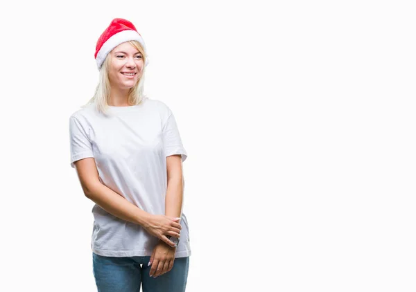 Joven Mujer Rubia Hermosa Con Sombrero Navidad Sobre Fondo Aislado — Foto de Stock