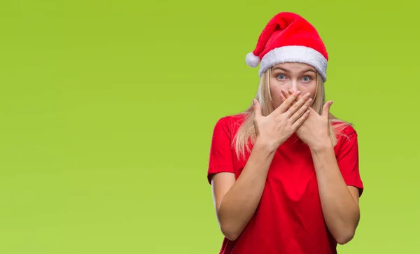 Young Caucasian Woman Wearing Christmas Hat Isolated Background Shocked Covering — Stock Photo, Image