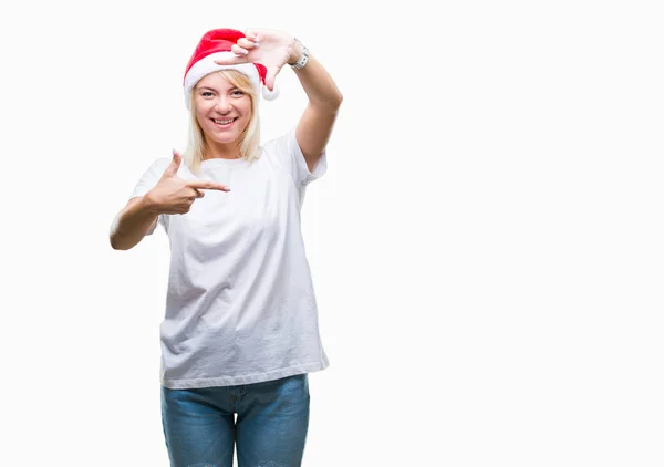 Jovem Mulher Loira Bonita Vestindo Chapéu Natal Sobre Fundo Isolado — Fotografia de Stock