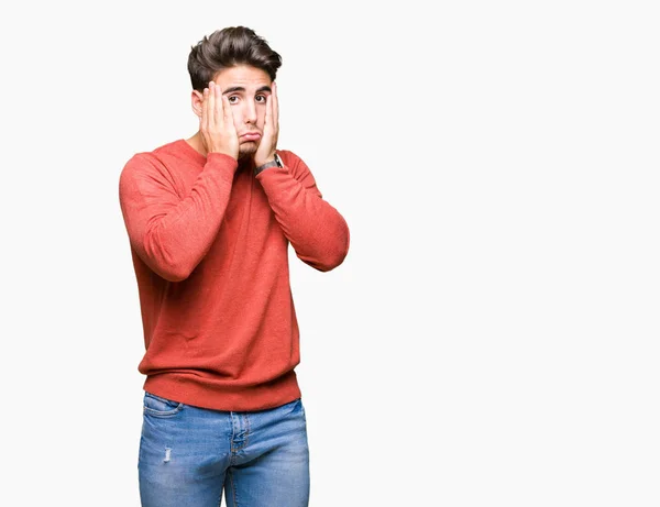 Joven Hombre Guapo Sobre Fondo Aislado Manos Cansadas Cubriendo Cara — Foto de Stock