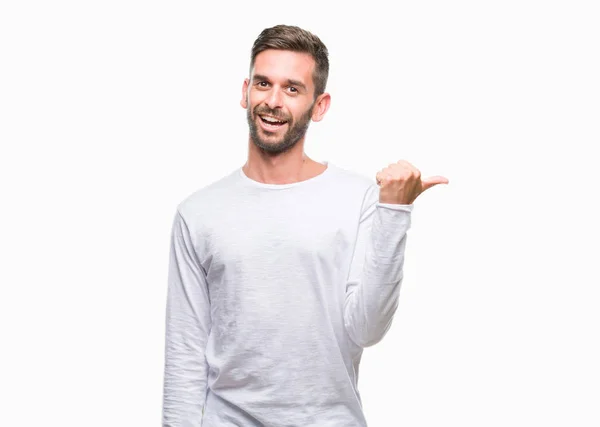 Young Handsome Man Isolated Background Smiling Happy Face Looking Pointing — Stock Photo, Image