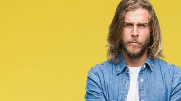 Young Handsome Man Long Hair Isolated Background Skeptic Nervous Disapproving — Stock Photo, Image