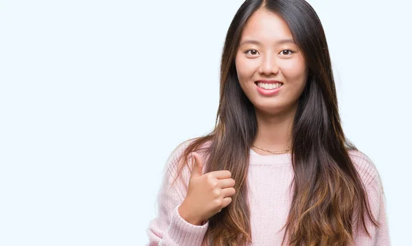 Young Asian Woman Isolated Background Doing Happy Thumbs Gesture Hand — Stock Photo, Image