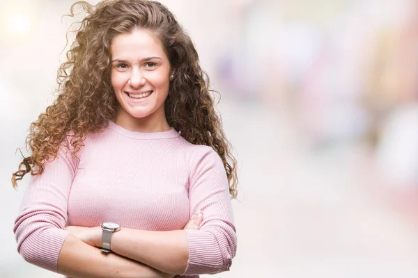 Bella Bruna Capelli Ricci Giovane Ragazza Indossa Maglione Rosa Sfondo — Foto Stock