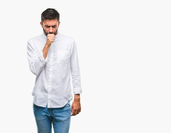 Hispánský Muže Izolované Pozadí Pocit Nepohody Kašle Jako Příznak Nachlazení — Stock fotografie