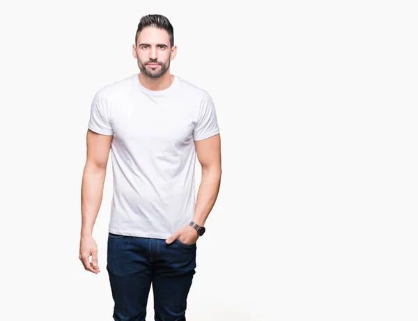 Hombre Joven Con Camiseta Blanca Casual Sobre Fondo Aislado Relajado — Foto de Stock