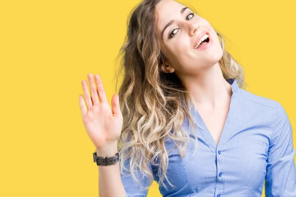 Beautiful Young Blonde Business Woman Isolated Background Waiving Saying Hello — Stock Photo, Image