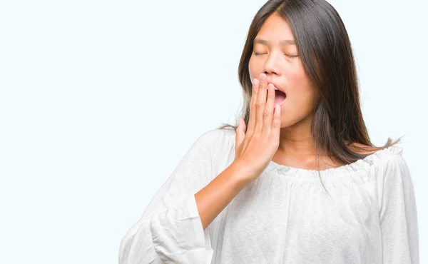 Young Asian Woman Isolated Background Bored Yawning Tired Covering Mouth — Stock Photo, Image