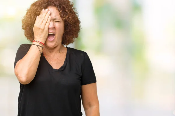 Beautiful Middle Ager Senior Woman Isolated Background Yawning Tired Covering — Stock Photo, Image