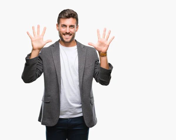 Молодой Привлекательный Бизнесмен Изолированном Фоне Показывает Показывает Пальцами Номер Десять — стоковое фото