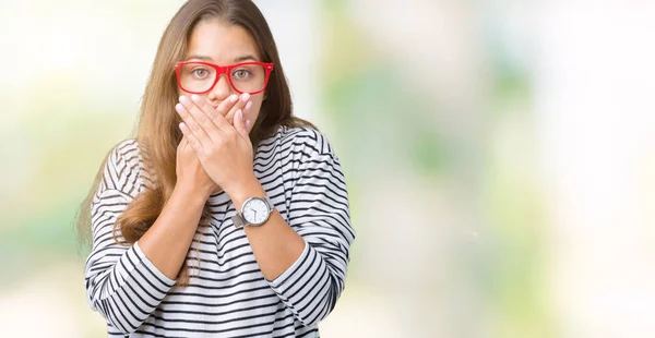 Young Beautiful Brunette Woman Wearing Stripes Sweater Red Glasses Isolated — Stock Photo, Image