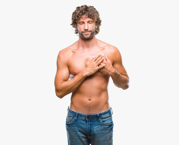 Knappe Spaanse Model Man Sexy Shirtless Geïsoleerde Achtergrond Glimlachend Met — Stockfoto