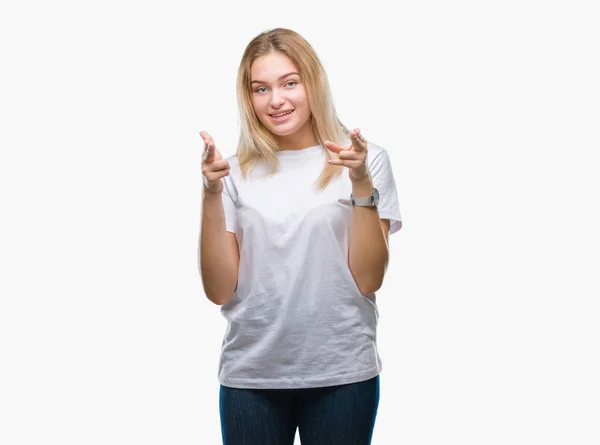 Молодая Белая Женщина Изолированном Фоне Указывает Пальцем Камеру Счастливым Смешным — стоковое фото