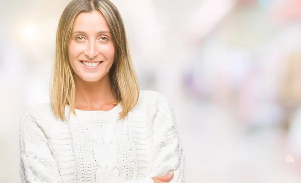 Jovem Mulher Bonita Vestindo Camisola Inverno Sobre Fundo Isolado Rosto — Fotografia de Stock