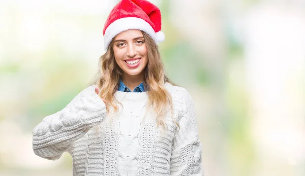 Linda Jovem Loira Vestindo Chapéu Natal Sobre Fundo Isolado Fazendo — Fotografia de Stock