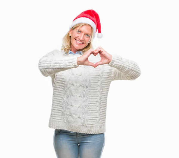 Středním Věku Blond Žena Nosí Vánoční Čepice Izolované Pozadí Úsměvem — Stock fotografie