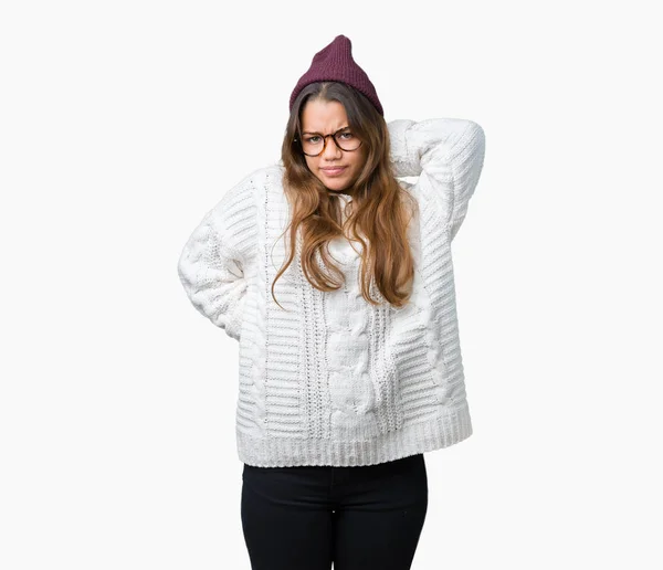 Jovem Bela Morena Hipster Mulher Vestindo Óculos Chapéu Inverno Sobre — Fotografia de Stock