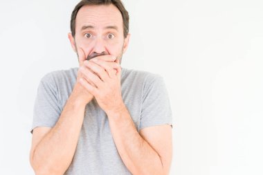 İzole arka plan ağız hata için elleriyle kapsayan şok içinde yakışıklı komuta sizde. Gizli kavramı.