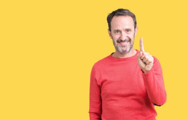 Ve kendinden emin ve mutlu gülümseyerek süre parmak numaralı yukarıyı gösteren izole arka plan üzerinde kış kazak giymiş yakışıklı orta yaş ağarmış komuta sizde.