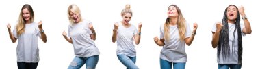 Kolaj grup izole arka plan çok mutlu ve heyecanlı kaldırdı, gülümseyen ve başarı için çığlık silah ile kazanan jest yapıyor üzerinde rahat beyaz t-shirt giyen güzel bir kadın. Kutlama kavramı.