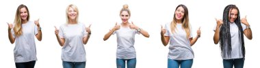 Kolaj üzerinde rahat beyaz t-shirt giyen güzel bir kadın Grubu'nun el ile olumlu hareketi yaparken arka plan başarı işareti başparmak gülümseyen ve mutlu izole. Neşeli bir ifadeyle, kazanan jest kameraya bakıyor.