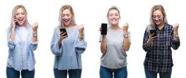 Duygu tezahürat gurur çığlık ve zafer ve başarı çok heyecanlı, kutluyor izole arka plan üzerinde smartphone kullanarak güzel sarışın genç kadının kolaj