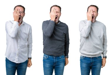 Kolaj yakışıklı komuta sizde üzerinde beyaz bir arka plan yarım yüz, göz ve ağız el ile kapsayan Yawning yorgun izole. Acı yüzü acıyor.
