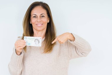 5 pound banknot sürpriz yüz işaret parmağı kendini izole arka plan üzerinde tutan orta yaş kadın