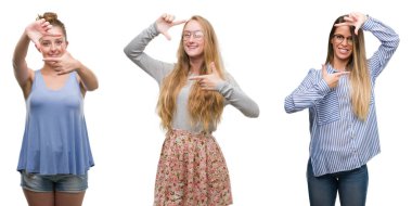 Elle yapma çerçeve ve parmakları ile mutlu yüz gülümseyen izole arka plan üzerinde sarışın kadın grubu kolaj. Yaratıcılık ve Fotoğrafçılık kavramı.