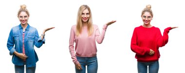 Genç güzel sarışın kadın neşeli sunulması ve kameraya bakarak avucunun ile işaret gülümseyen izole arka plan üzerine kolaj.