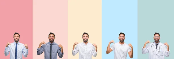 Colagem Homem Bonito Sobre Listras Coloridas Fundo Isolado Olhando Confiante — Fotografia de Stock