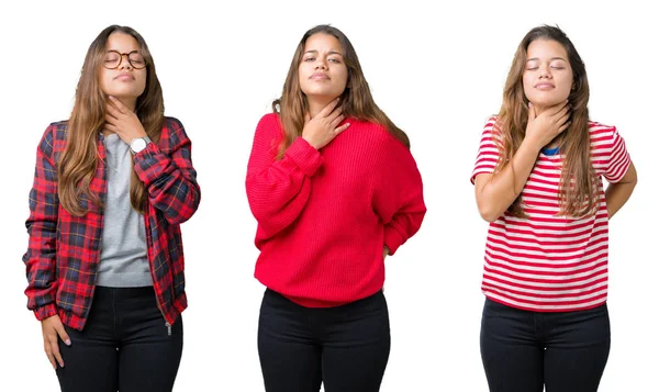 Collage Hermosa Mujer Joven Sobre Fondo Aislado Tocando Cuello Doloroso —  Fotos de Stock