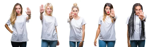 停止を行う分離の背景の上カジュアルな白い シャツを着ている美しい女性のグループのコラージュは 手のひらの上で歌います 顔に否定的な深刻なジェスチャーで警告式 — ストック写真