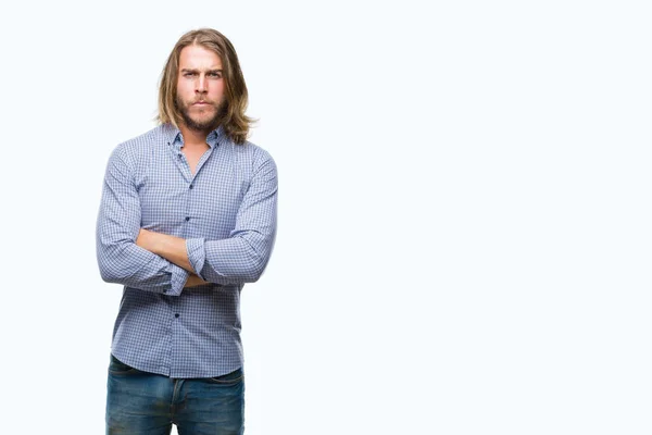 Young Handsome Man Long Hair Isolated Background Skeptic Nervous Disapproving — Stock Photo, Image