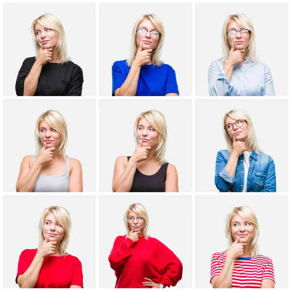Collage Van Mooie Blonde Vrouw Dragen Differents Casual Kijkt Geïsoleerde — Stockfoto