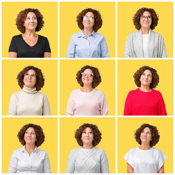 Collage Middle Age Senior Woman Yellow Isolated Background Smiling Looking — Stock Photo, Image