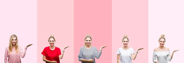 Колаж Молодої Красивої Блондинки Над Яскравим Вінтажним Рожевим Ізольованим Фоном — стокове фото