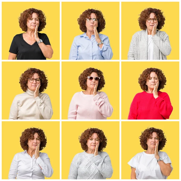 Collage Middle Age Senior Woman Yellow Isolated Background Touching Mouth — Stock Photo, Image