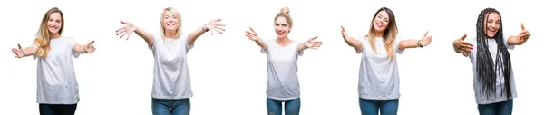 Collage Einer Gruppe Schöner Frauen Die Legeres Weißes Shirt Über — Stockfoto