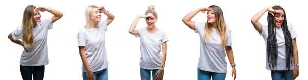 Collage Grupo Hermosa Mujer Vistiendo Casual Camiseta Blanca Sobre Fondo — Foto de Stock