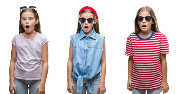 Collage Ung Liten Flicka Unge Bär Solglasögon Över Isolerade Bakgrund — Stockfoto