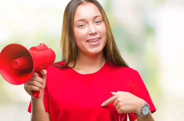 Beyaz Kadın Megafon Ile Sürpriz Yüz Işaret Parmağı Kendini Izole — Stok fotoğraf