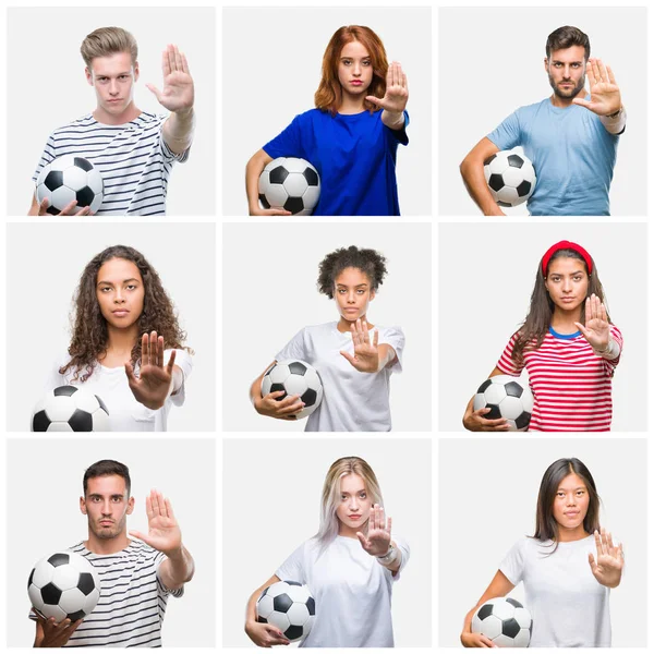 Kolaż Grupy Młodych Ludzi Posiadających Piłki Nożnej Białym Tle Otwartej — Zdjęcie stockowe