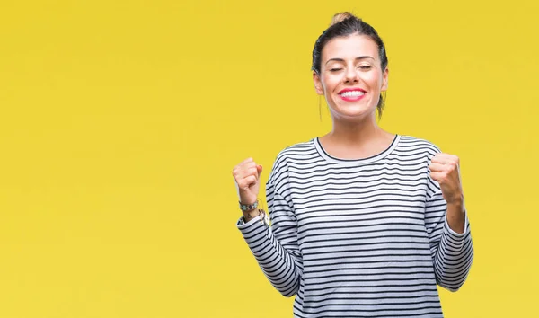 Mujer Hermosa Joven Suéter Rayas Casuales Sobre Fondo Aislado Emocionado — Foto de Stock