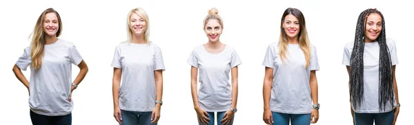 콜라주 이상의 캐주얼 티셔츠를 여자의 그룹의 얼굴에 미소를 — 스톡 사진