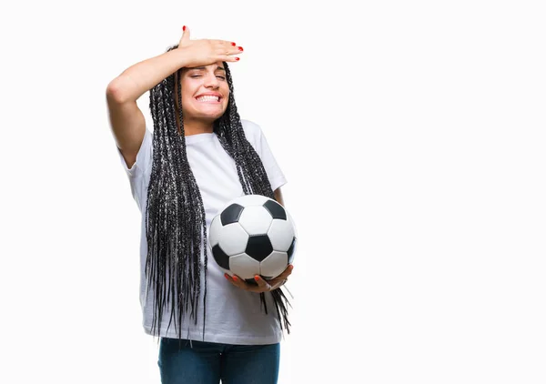 Joven Chica Afroamericana Trenzada Pelo Sosteniendo Pelota Fútbol Sobre Fondo —  Fotos de Stock