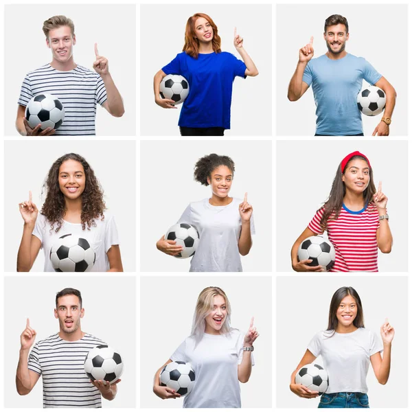 Colagem Grupo Jovens Segurando Bola Futebol Sobre Fundo Isolado Surpreso — Fotografia de Stock